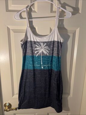 Simple Striped Palm Tank Mini Dress - Teal, White & Gray